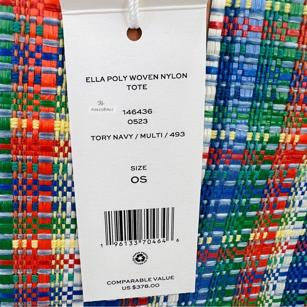 Tory Burch Ella Poly Woven Nylon Large Tote In Tory Navy Multi - Picture 11 of 11